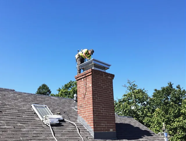 Marblehead Chimney Sweep technician measuring a chimney cap in Marblehead, MA