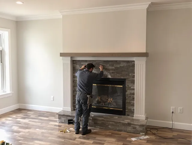 Marblehead Chimney Sweep finishing a custom fireplace install in Marblehead, MA